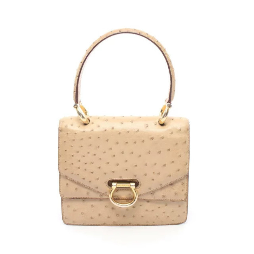 Celine Beige Cream Ostrich Handbag flap ring clasp Beige Cream